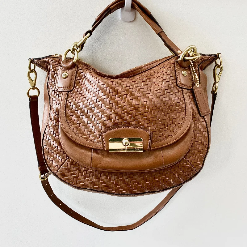 Coach Borough bags with a structured silhouette and a magnetic - snap closureCOACH WOVEN BROWN LEATHER KRISTIN SHOULDER BAG