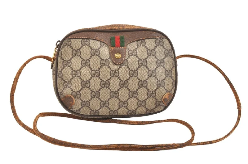 Women Gucci bags with a zippered interior pocketAuthentic GUCCI Web Sherry Line Shoulder Bag GG PVC Leather Brown Junk 6918K