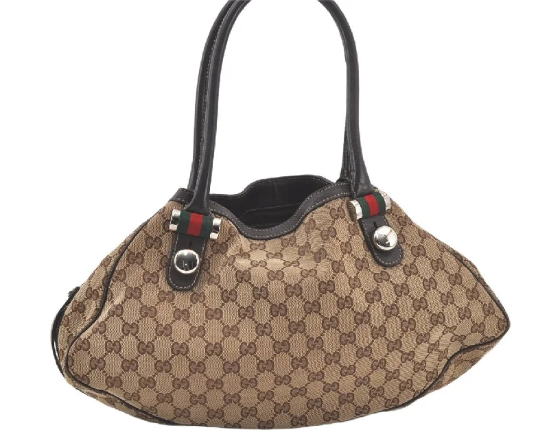 Women Gucci bags with a zip - around closure for securityAuth GUCCI Web Sherry Line Match Ball Tote Bag GG Canvas Leather Brown 6877K