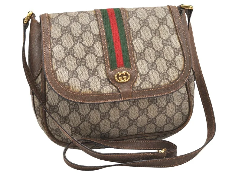 Gucci tote bags for women with a water - resistant coatingAuthentic GUCCI Web Sherry Line Shoulder Cross Bag GG PVC Leather Brown 6881K