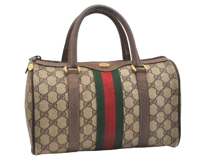 Ladies Gucci shoulder bags with a wide - width strapAuthentic GUCCI Web Sherry Line Hand Boston Bag GG PVC Leather Brown Junk 6901K