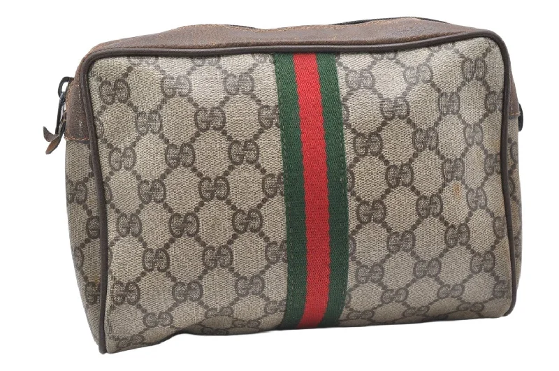 Women Gucci Sylvie bags with a leather - wrapped handleAuthentic GUCCI Web Sherry Line Clutch Hand Bag GG PVC Leather Brown Junk 6914K