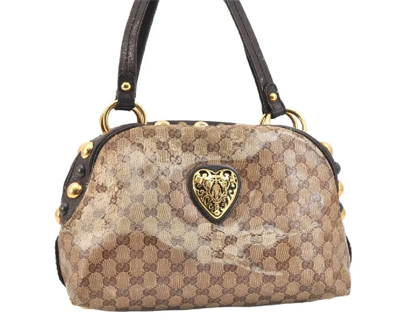 Women Gucci tote bags in GG Supreme canvas for a branded feelAuthentic GUCCI GG Crystal Heart Crest Hand Boston Bag PVC Leather Brown 6827K