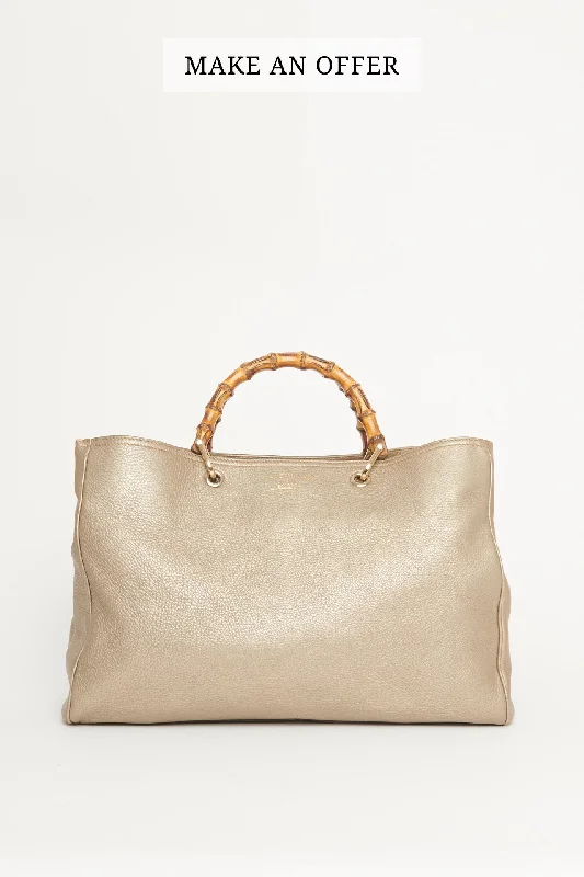 Gucci tote bags for women with a double - handle designGolden Beige Leather Preowned Bamboo Tote