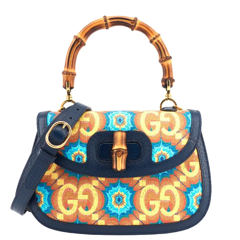 Women Gucci bags with a front - zip pocket for small items1947 Bamboo Handle Kaleidoscope Canvas and Leather Bag