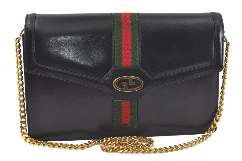 Ladies Gucci shoulder bags with a single - handle designAuthentic GUCCI Web Sherry Line Chain Shoulder Cross Bag Leather Black 6893K