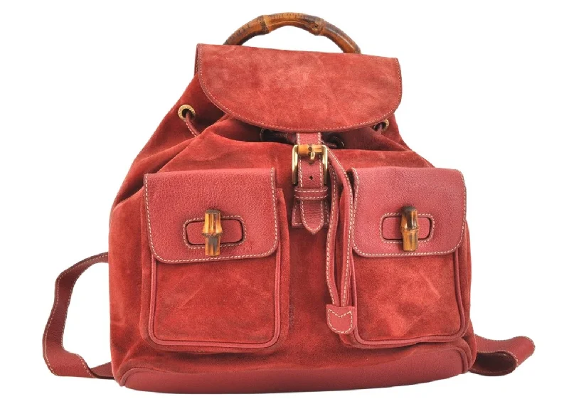 Women Gucci bags with a magnetic snap closure for easy accessAuthentic GUCCI Vintage Bamboo Drawstring Backpack Suede Leather Red 6822K