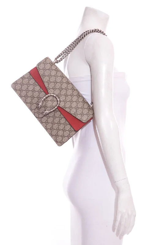 Ladies Gucci Dionysus bags with a chain - link shoulder strapGucci Dionysus Monogram and Red Suede Crossbody