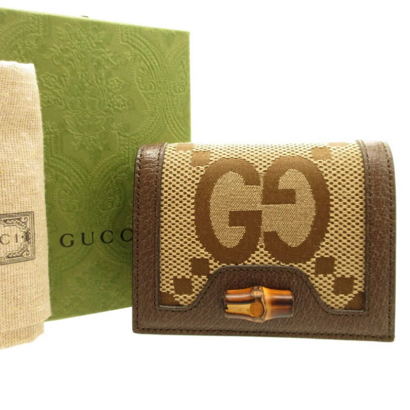 Women Gucci Sylvie bags with a leather - wrapped handleGucci 658244 Jumbo GG Bamboo Canvas Leather Brown Bifold Wallet 0153