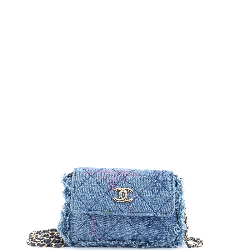 Denim Mood Flap Clutch with Chain Logo Printed Quilted Fringe Denim