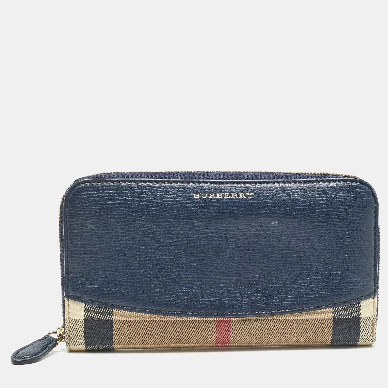 Metallic Finish Burberry Bags for a Glam LookBURBERRY Navy Blue/Beige House Check Canvas and Leather Zip Continental Wallet