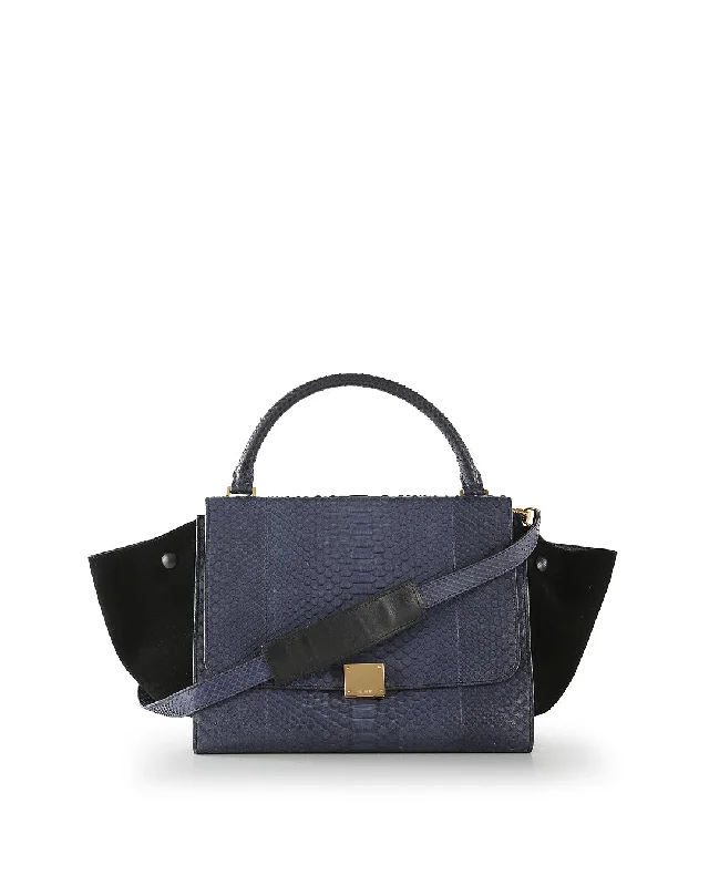 Celine Navy Blue Python Embossed Leather & Suede Medium Trapeze Bag