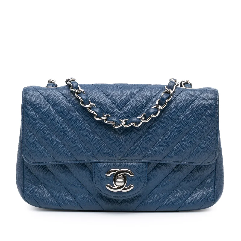 Blue Chanel Mini Rectangular Classic Chevron Caviar Single Flap Crossbody Bag