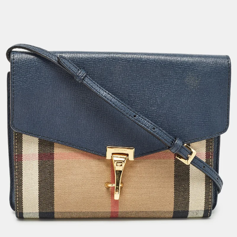 Easy - to - Clean Burberry Bags for Busy LifestylesBURBERRY Navy Blue/Beige House Check Fabric and Leather Small Macken Crossbody Bag