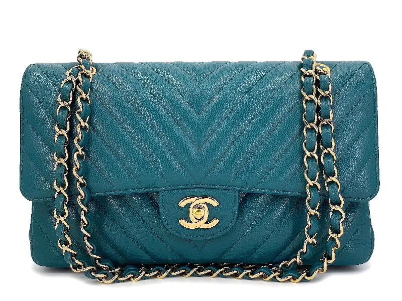 Chanel Limited Edition Handbag for CollectorsChanel Teal Green Chevron Caviar Medium Classic Double Flap Bag GHW