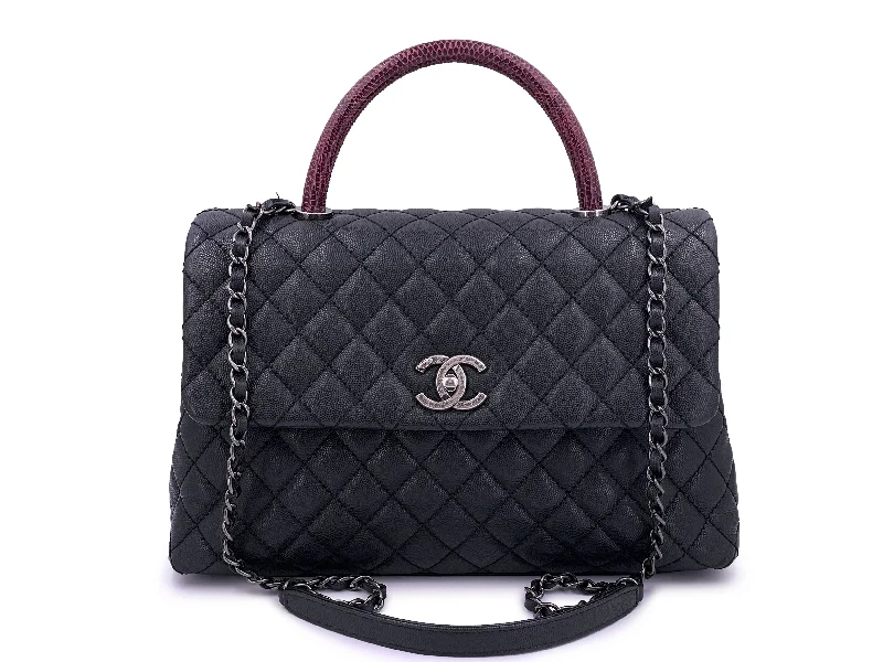 Chanel Handbag with Adjustable Strap for ComfortChanel Medium Caviar Coco Handle Flap Bag Black 2-Way Lizard RHW