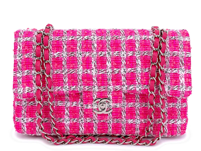 Chanel All - Match Handbag for Versatile StylingChanel Pink Tweed Medium Classic Double Flap Bag SHW