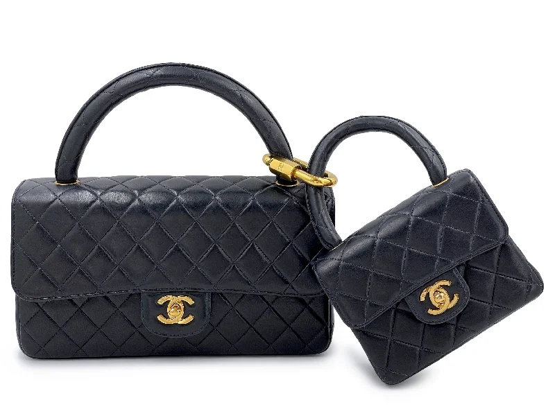 Chanel Designer Handbag with Unique DesignChanel 1994 Vintage Parent Child Bag Kelly Flap Set Black 24k GHW