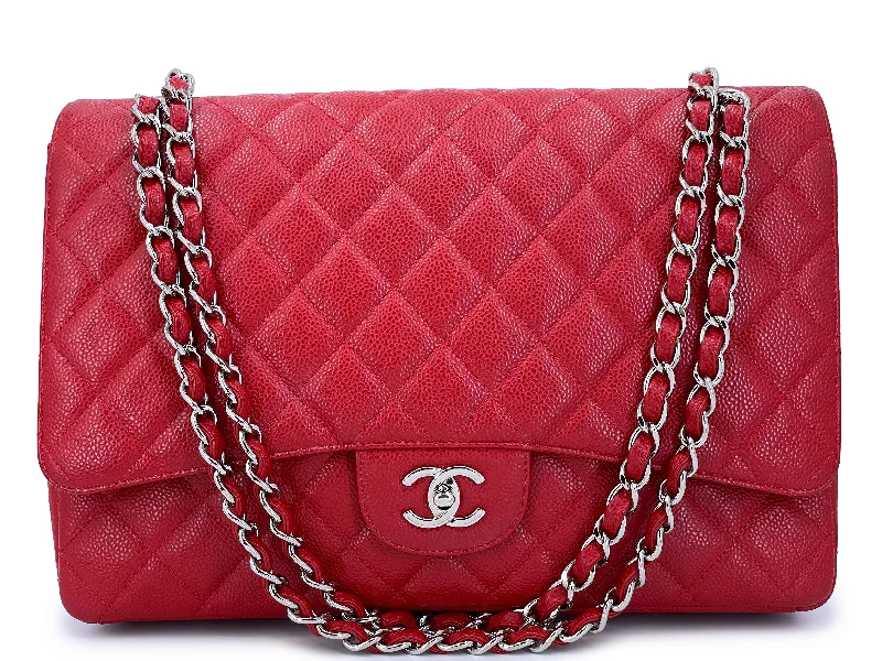 Chanel Handbag with Adjustable Strap for ComfortChanel Red Caviar Maxi Classic Single Flap Bag SHW