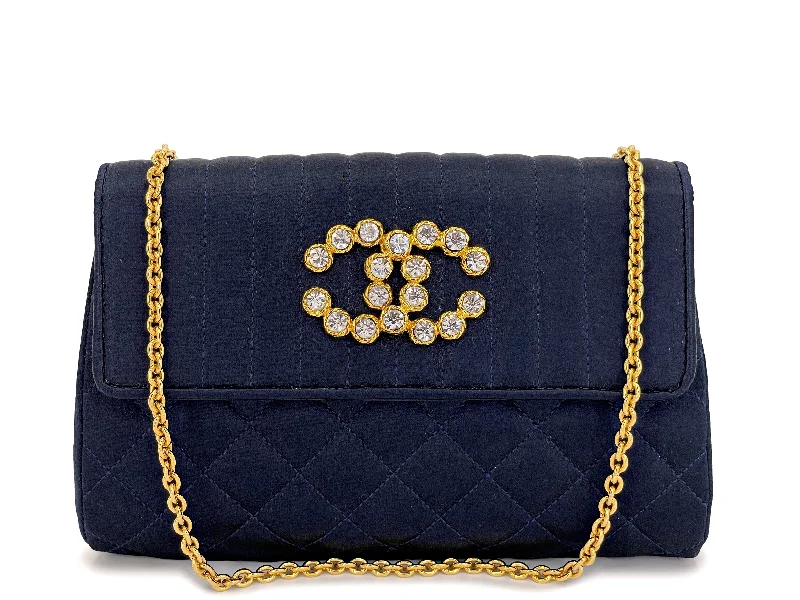 Chanel Chain Strap Handbag for Everyday UseRare Chanel Vintage 1991 Navy Blue Crystal CC Evening Flap Bag