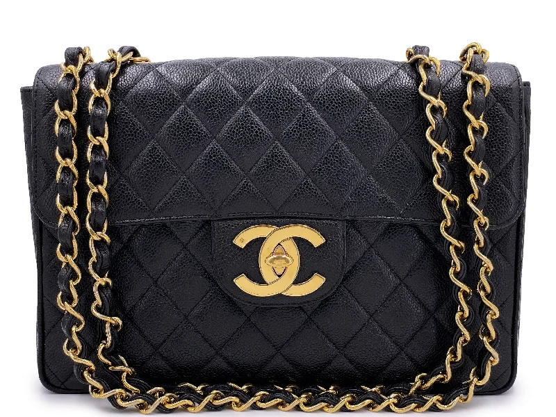 Chanel Luxury Handbag for High - End EventsChanel 1994 Vintage Black Caviar Jumbo Classic Flap Bag 24k GHW