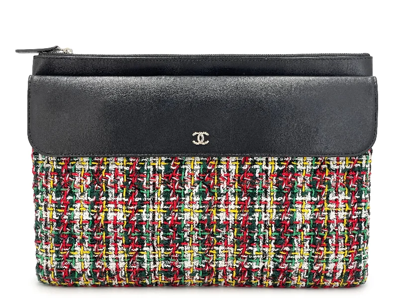 Chanel Designer Handbag with Unique DesignChanel Plaid Tweed Lambskin Flap Large O Case Clutch Bag