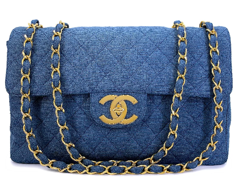 Chanel Chain Strap Handbag for Everyday UseChanel 1994 Vintage Dark Blue Linen Canvas Classic Maxi Flap Bag 24k GHW