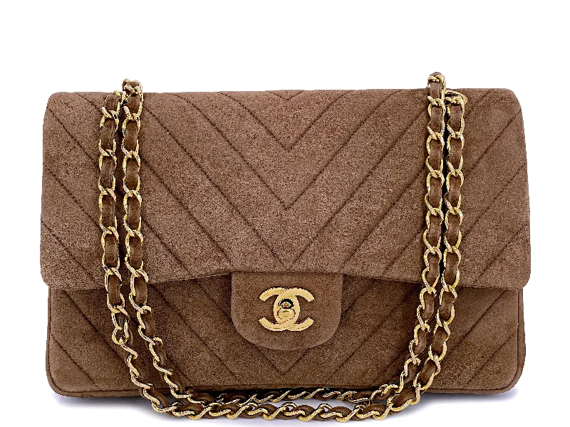 Chanel Limited Edition Handbag for CollectorsChanel 1990 Vintage Suede Taupe Chevron Medium Flap Bag 24k GHW