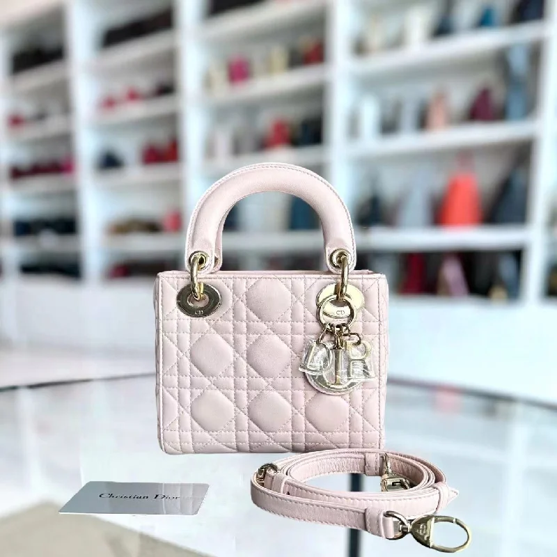 Christian Dior Saddle bags with a distressed leather finish*Adjustable Strap* Lady Mini Cannage Lambskin Sakura Pink GHW