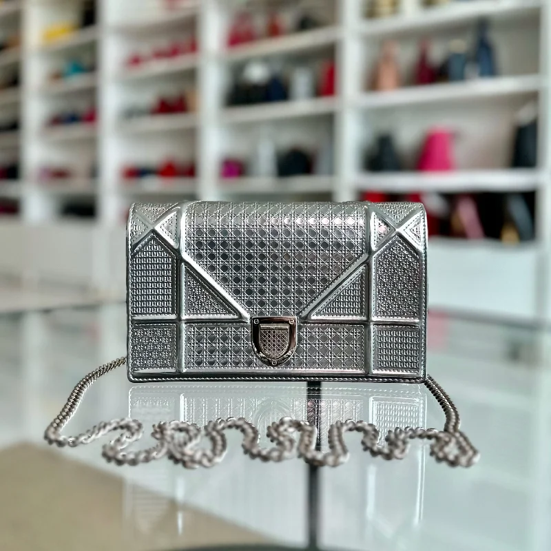 Contemporary Christian Dior handbags with a unique shapeDiorama WOC Wallet On Chain Metallic Micro-Cannage Ama Cross-Body Silver SHW