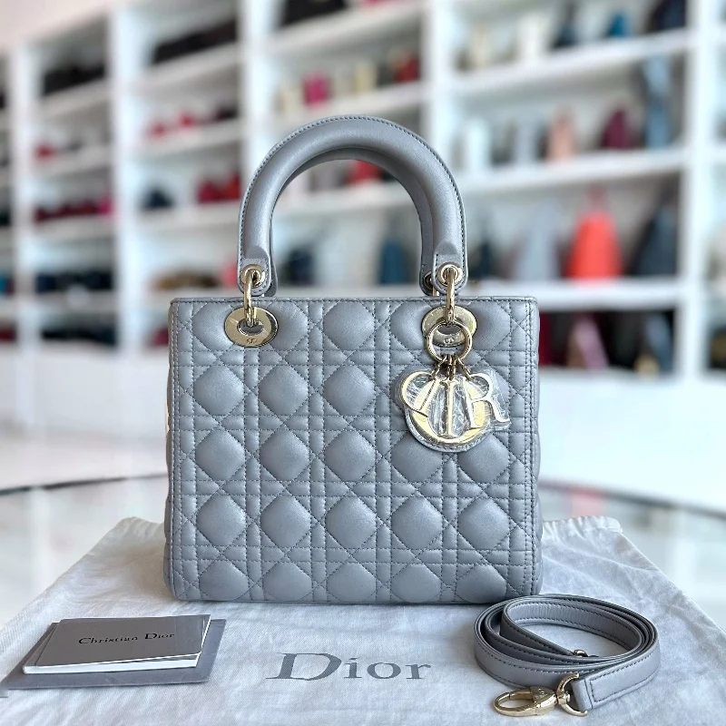 Christian Dior handbags with a back - pocket for quick storageLady Medium Cannage Lambskin Gray GHW