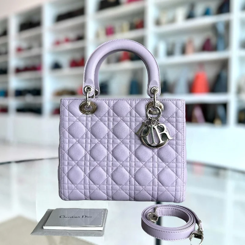 Christian Dior handbags with a removable shoulder strap for versatilityLady Medium Lambskin Cannage Purple SHW