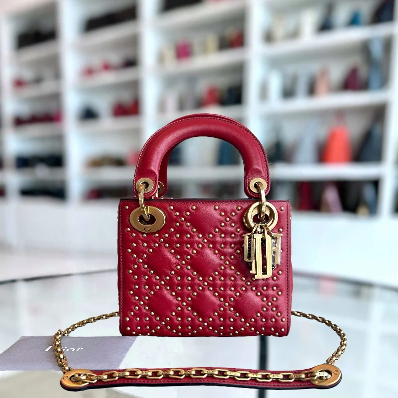 Luxury Christian Dior crossbody bags with a chain - link strapLady Mini Studded Cannage Calfskin Red AGHW