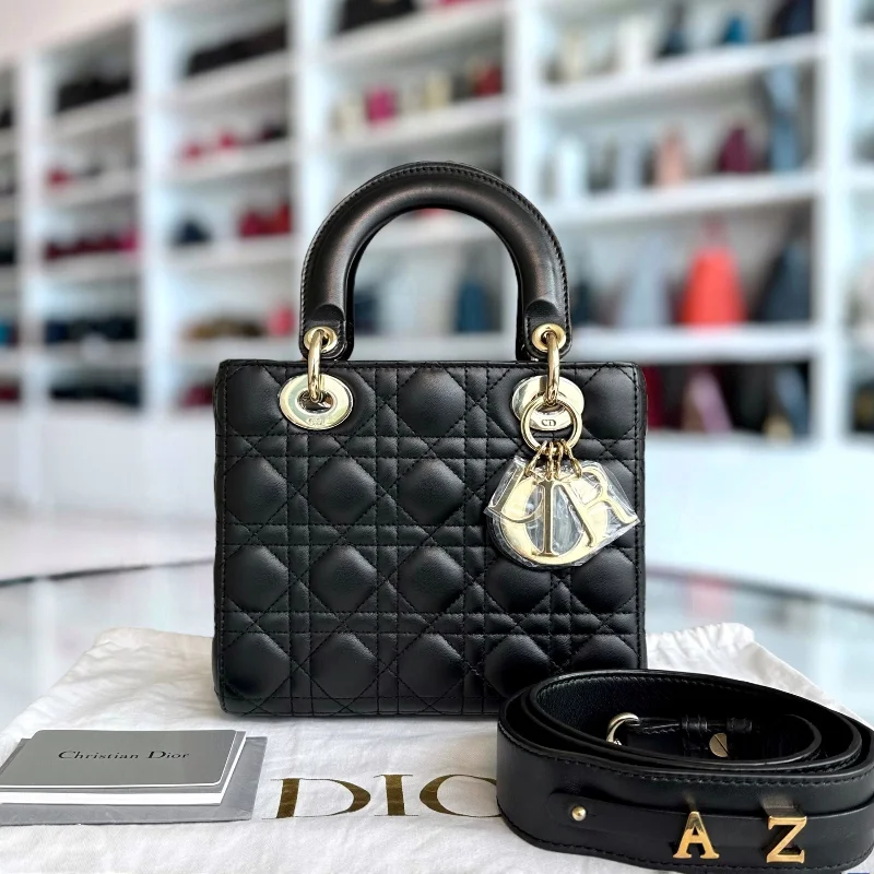 Christian Dior Saddle bags with a patent leather finish for a shiny lookLady Small Cannage Lambskin Black ABC MyABC Charm GHW