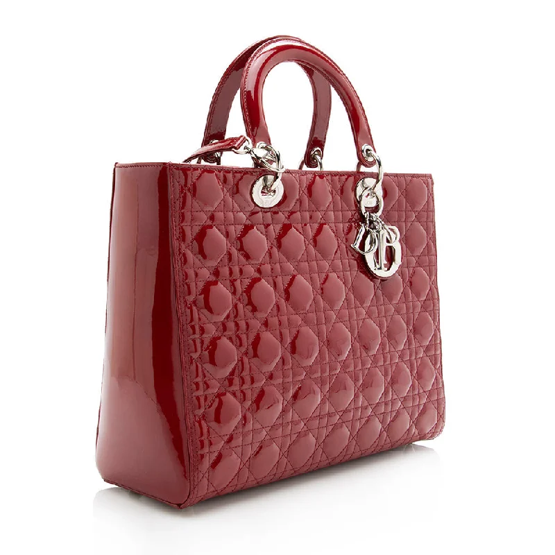 Christian Dior handbags with a snap - button closure and a decorative buckleDior Patent Leather Lady Dior Large Tote (SHF-17791)