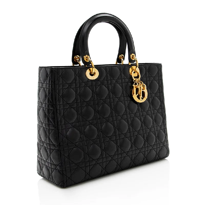 Contemporary Christian Dior handbags with a unique shapeDior Vintage Lambskin Lady Dior Large Tote (SHF-17064)