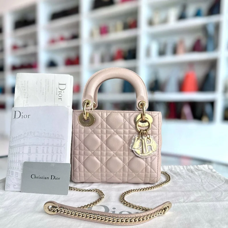 Trendsetting Christian Dior crossbody bags with a colorful strap*Full Set, Receipt, Chain Strap* Lady Mini Cannage Lambskin Iridescent Pink GHW