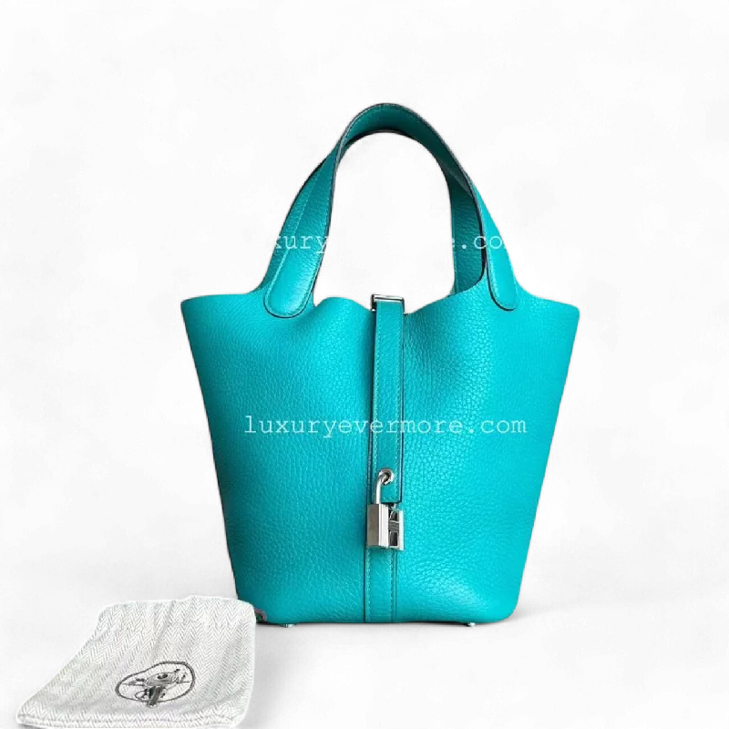 Hermes Bags with Reflective Elements for Safety at NightHermes Picotin 18 - X Stamp Vert Jade Taurillion Clemence TC Cyan Lock Silver Hardware