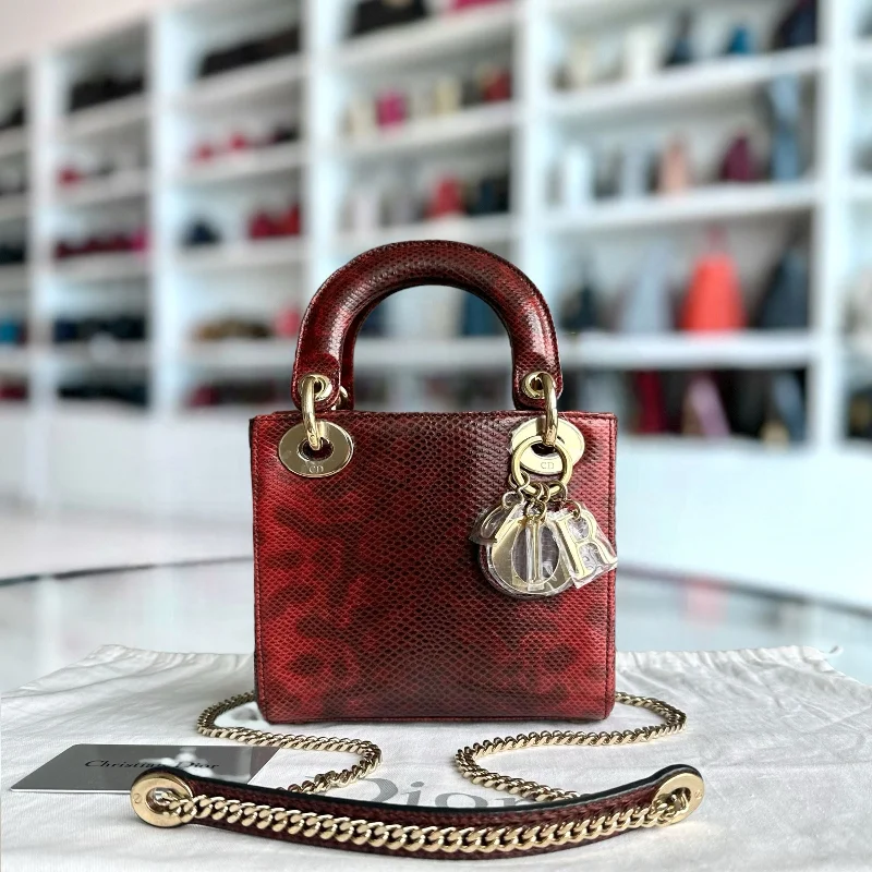 Fashion - forward Christian Dior tote bags for the modern woman*Lizard, Chain Strap* Lady Mini Exotic Lizard Leather Dark Red GHW