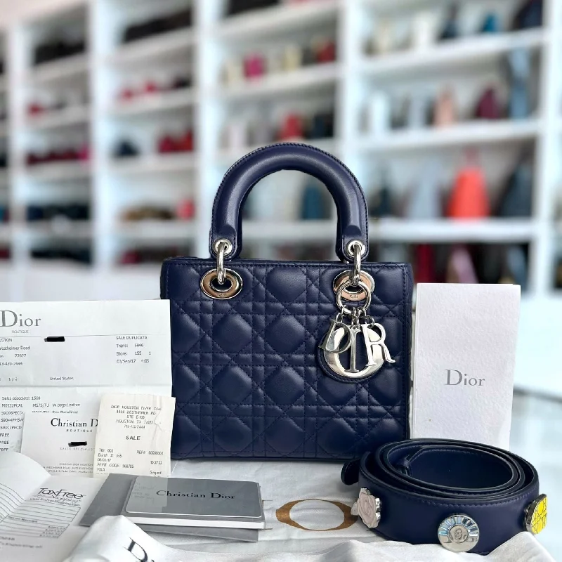 Christian Dior handbags with a snap - button closure and a decorative buckle*Receipt, Full Set, Like New* Lady Small Lambskin ABC Charm Badge SHW