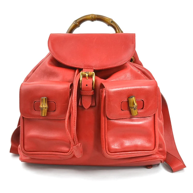 Women Gucci Sylvie bags with a leather - wrapped handleGUCCI Backpack Bamboo Leather Red Gold Ladies