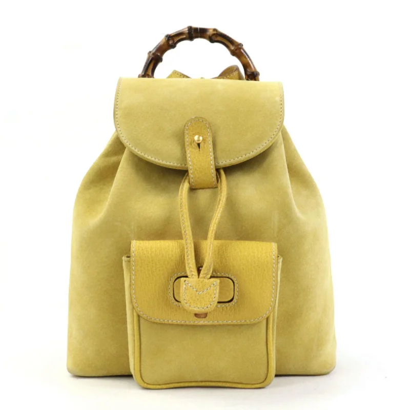 Women Gucci bags with a chain - link trim and a leather bodyGUCCI Backpack Bamboo Suede/Leather Yellow Gold Women's e56051f